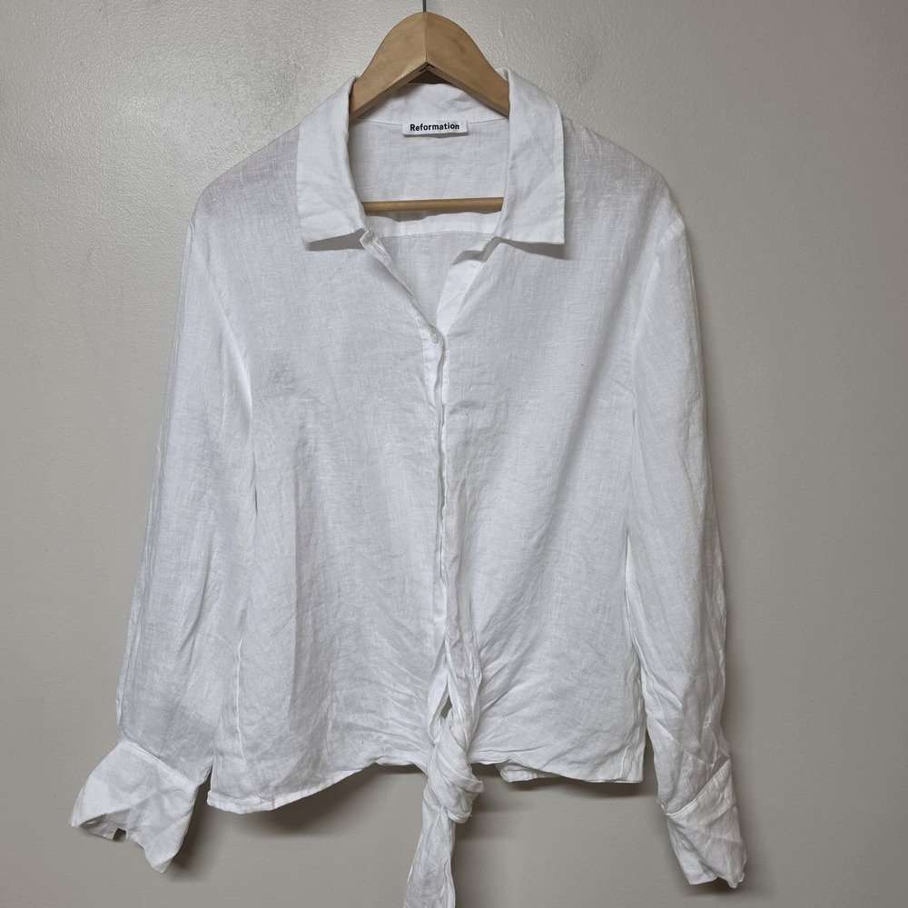 Reformation White 100% Linen Tie Front Button Down Shirt Blouse Women's L
